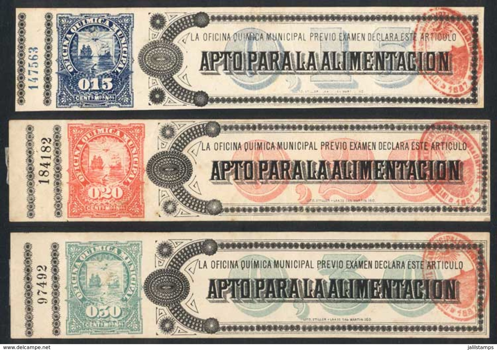 ARGENTINA: Municipality Of Buenos Aires: OFICINA QUIMICA, Year 1887, 15c., 20c. And 30c., VF Quality, Rare Set! - Other & Unclassified