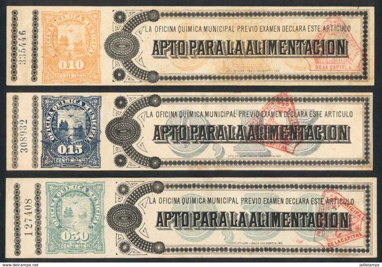 ARGENTINA: Municipality Of Buenos Aires: OFICINA QUIMICA, Year 1890, 10c., 15c. And 30c., VF Quality, Rare Set! - Other & Unclassified