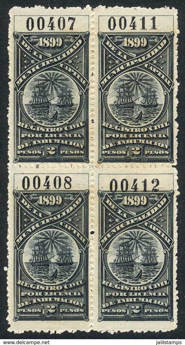 ARGENTINA: BUENOS AIRES: Registro Civil, Year 1899, 2P. (sailing Boats), Unused Block Of 4, VF! - Autres & Non Classés