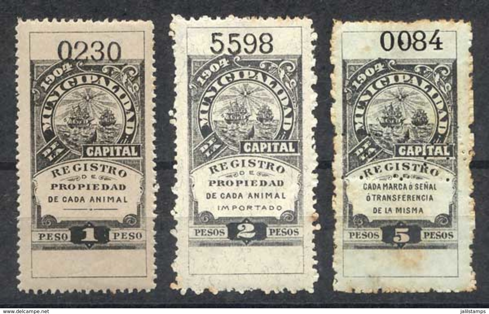 ARGENTINA: MUNICIPALITY OF BUENOS AIRES: Registro De Propiedad De Animales, Year 1904, Set Of 3 Values 1P. To 5P., Rare! - Other & Unclassified