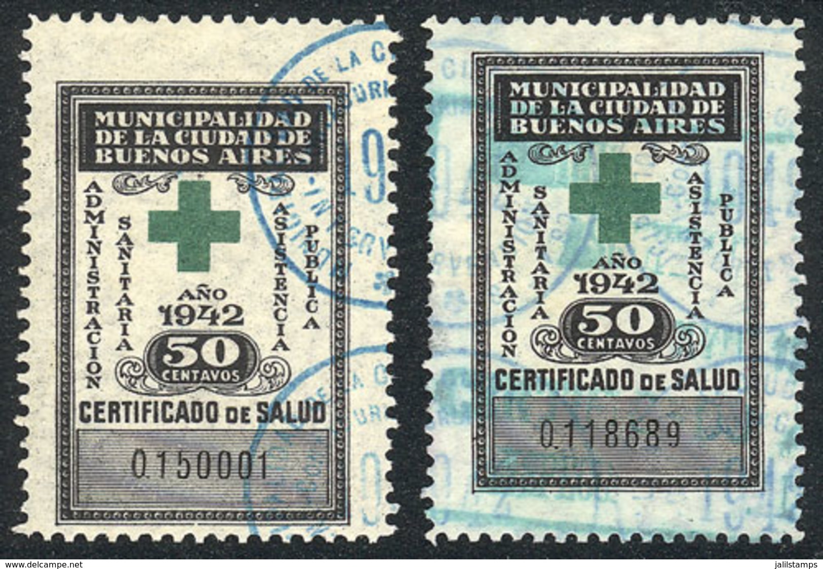 ARGENTINA: BUENOS AIRES: Health Certificate, Year 1942, 50c. Used And Mint Original Gum, VF Quality. - Sonstige & Ohne Zuordnung