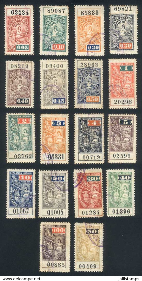 ARGENTINA: PROVINCE OF BUENOS AIRES: Actuacion Judicial, Year 1908, Complete Set Of 18 Revenue Stamps Between 5c. And $1 - Autres & Non Classés