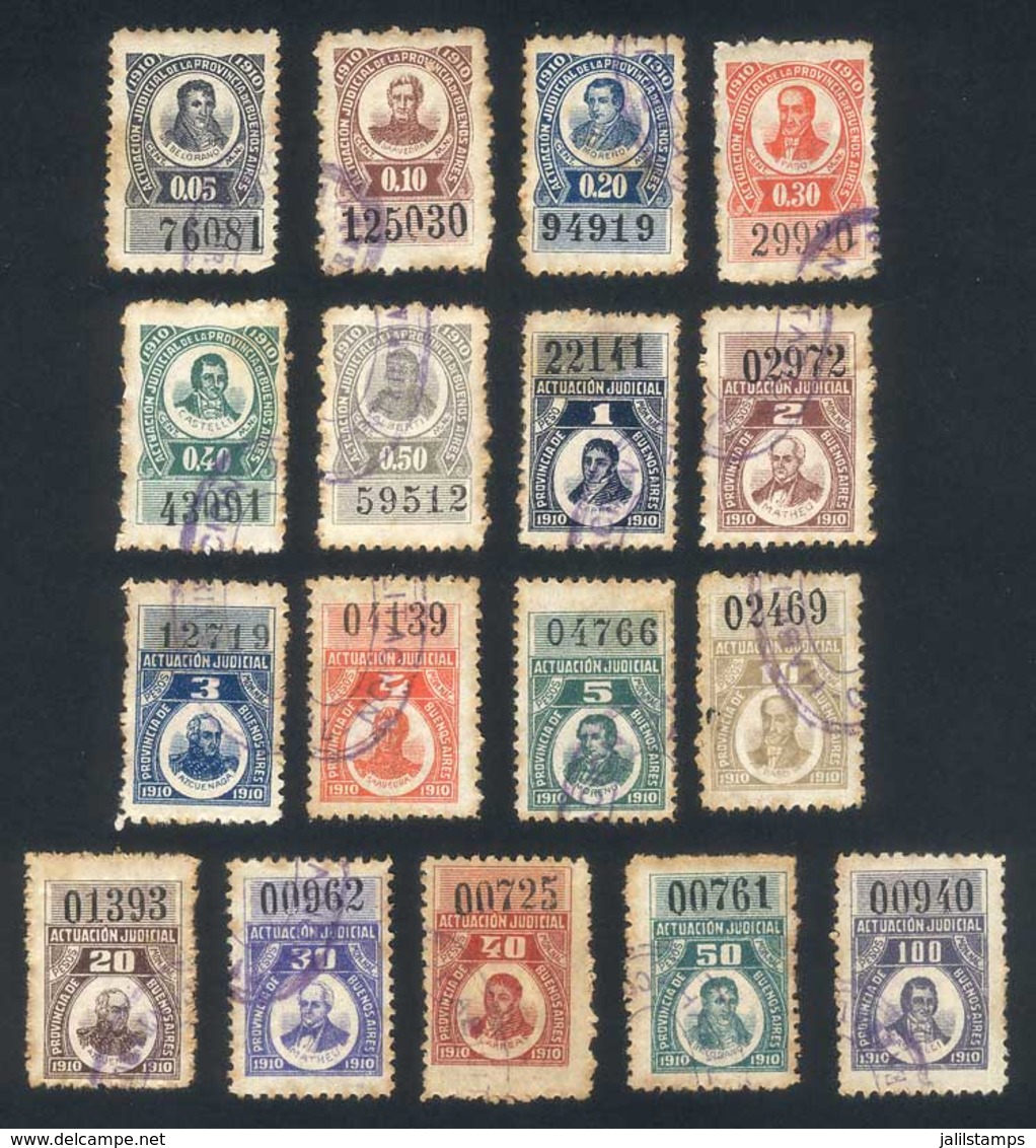 ARGENTINA: PROVINCE OF BUENOS AIRES: Actuacion Judicial, Year 1910, Complete Set Of 17 Revenue Stamps Between 5c. And $1 - Autres & Non Classés