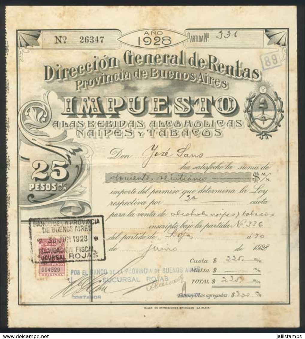 ARGENTINA: Province Of BUENOS AIRES - IMPUESTO A LAS BEBIDAS ALCOHÓLICAS, NAIPES Y TABACOS: Rare Stamp Of 200P. On A Per - Other & Unclassified
