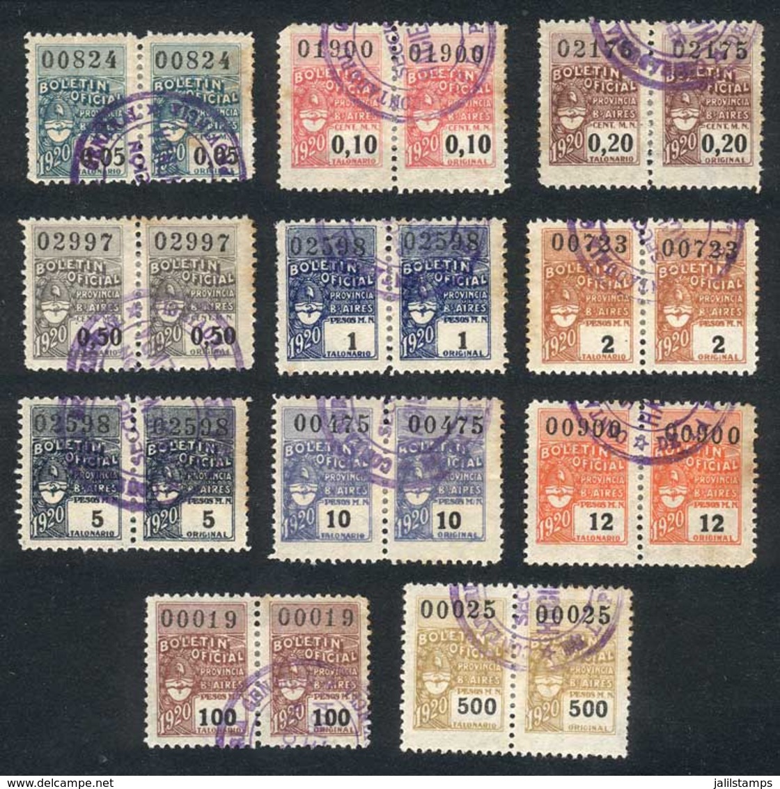 ARGENTINA: PROVINCE OF BUENOS AIRES: Boletin Oficial, Year 1920, Complete Set Of 11 Revenue Stamps Between 5c. And $500, - Sonstige & Ohne Zuordnung