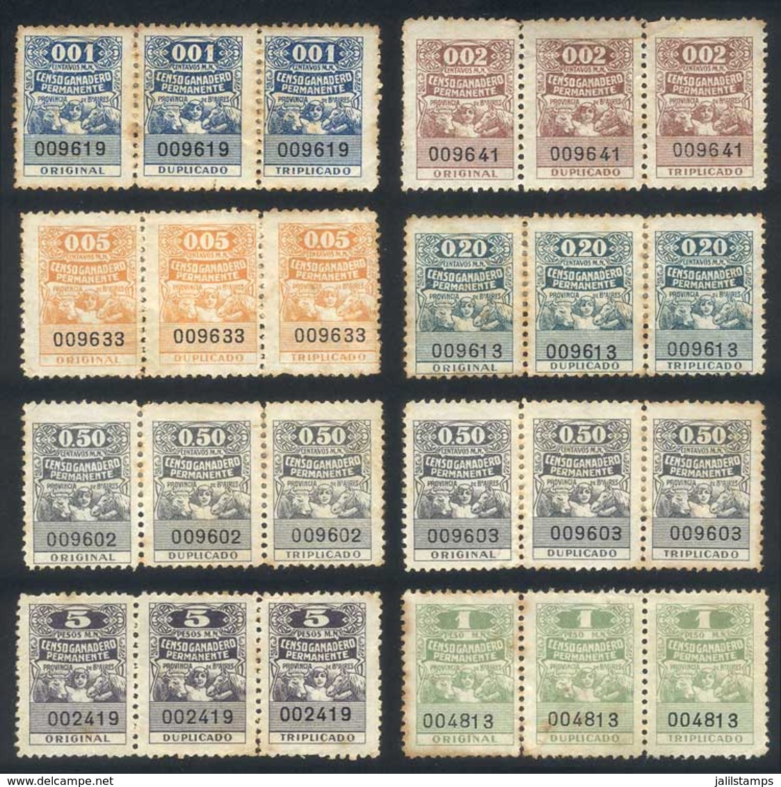 ARGENTINA: PROVINCE OF BUENOS AIRES: Cattle Census, Year 1912, Complete Set Of 8 Triple Values Between 1c. And $5, Minor - Sonstige & Ohne Zuordnung