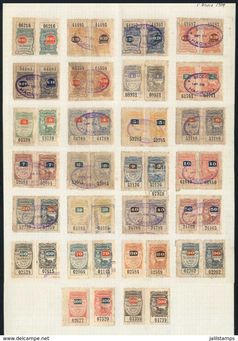 ARGENTINA: PROVINCE OF BUENOS AIRES: Impuesto A La Produccion, Year 1904, Complete Set Of 52 Values Between 5c. And $200 - Sonstige & Ohne Zuordnung