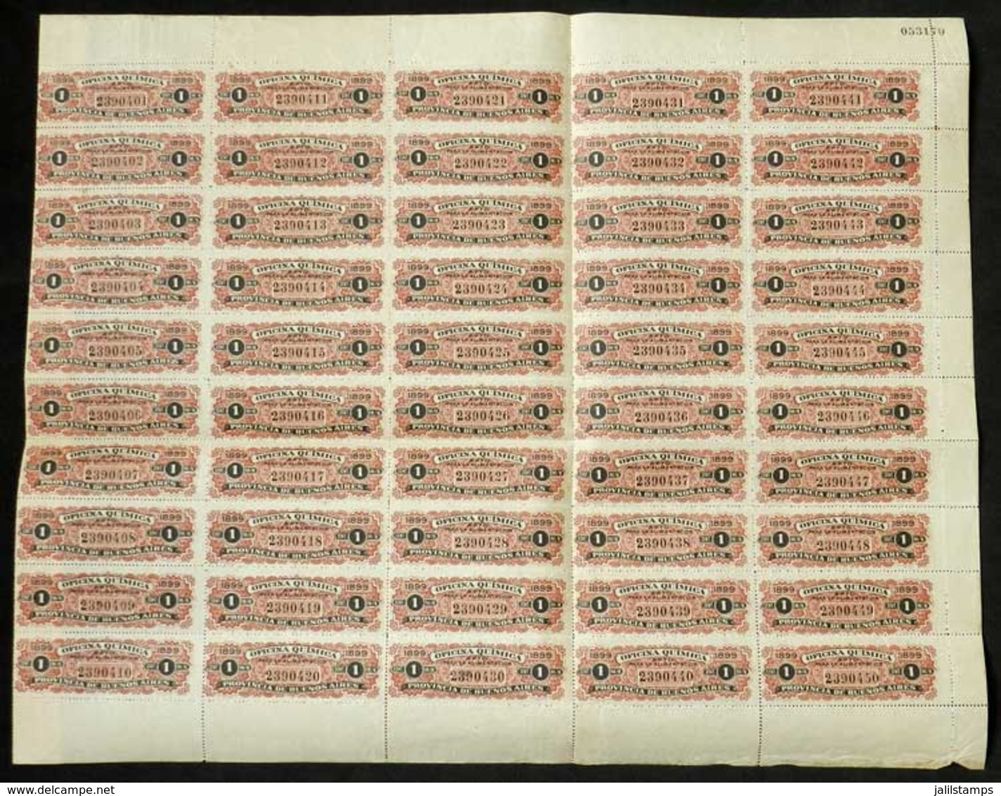 ARGENTINA: Province Of BUENOS AIRES - OFICINA QUÍMICA: 1c., Extremely Rare Complete Sheet Of 50 Stamps, Very Fine Qualit - Sonstige & Ohne Zuordnung