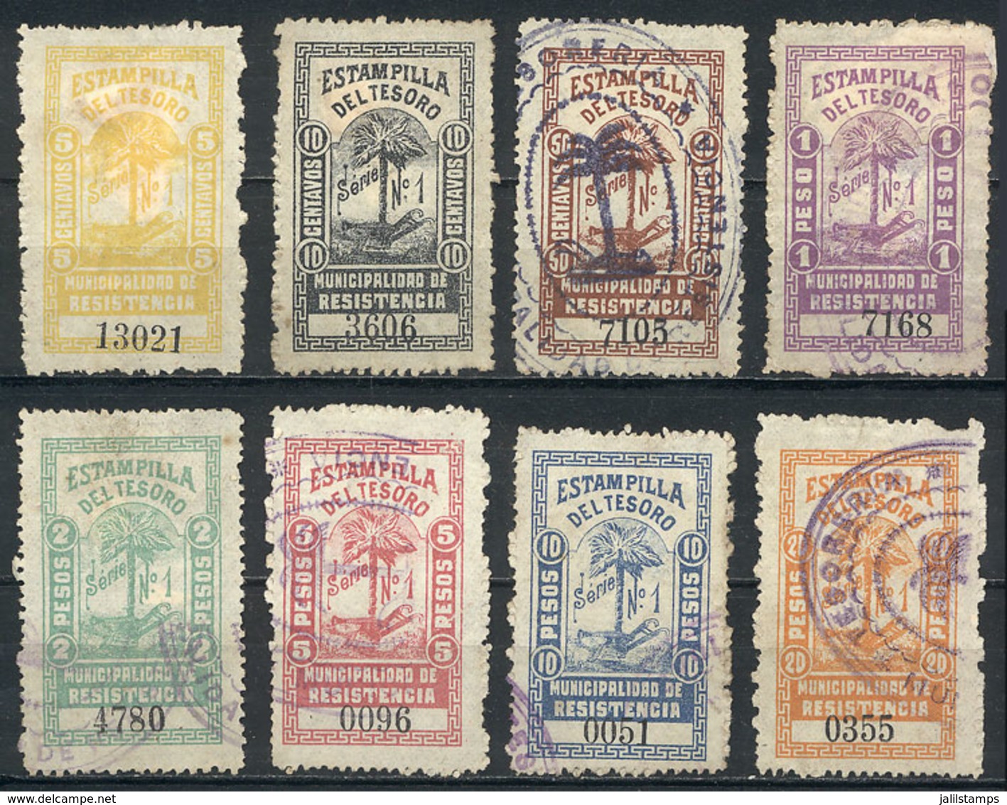 ARGENTINA: TERRITORY OF CHACO: Resistencia City, Year 1905, Palm Tree, Complete Set Of 8 Used Values, General Quality Is - Sonstige & Ohne Zuordnung