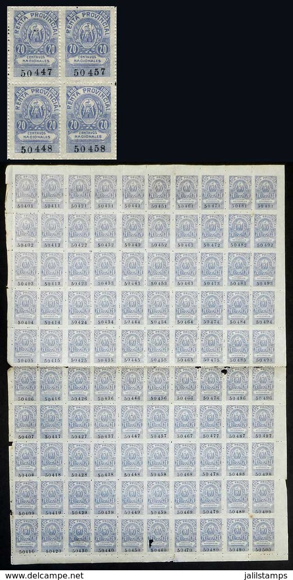 ARGENTINA: Province Of CÓRDOBA: Year 1903 Provincial Revenue 20c., Complete Sheet Of 100 Stamps, VF (3 Stamps With Defec - Sonstige & Ohne Zuordnung