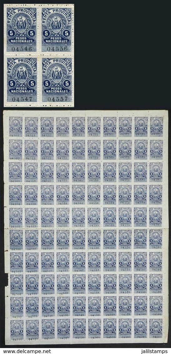 ARGENTINA: Province Of CÓRDOBA: Year 1903 Provincial Revenue 5P., Complete Sheet Of 100 Stamps, VF, Rare! - Sonstige & Ohne Zuordnung