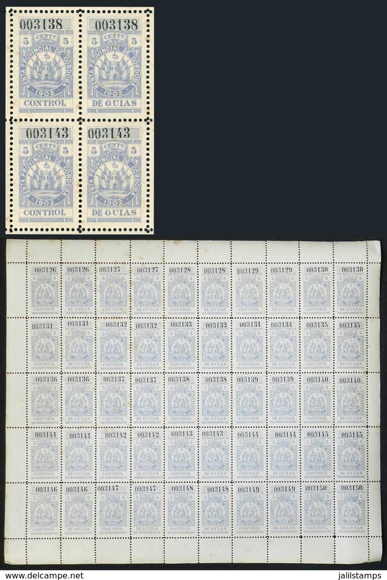 ARGENTINA: Province Of CÓRDOBA: Year 1902 Guides 5c., COMPLETE SHEET Of 50 Examples, Some Stain Points, Otherwise VF, Ra - Sonstige & Ohne Zuordnung