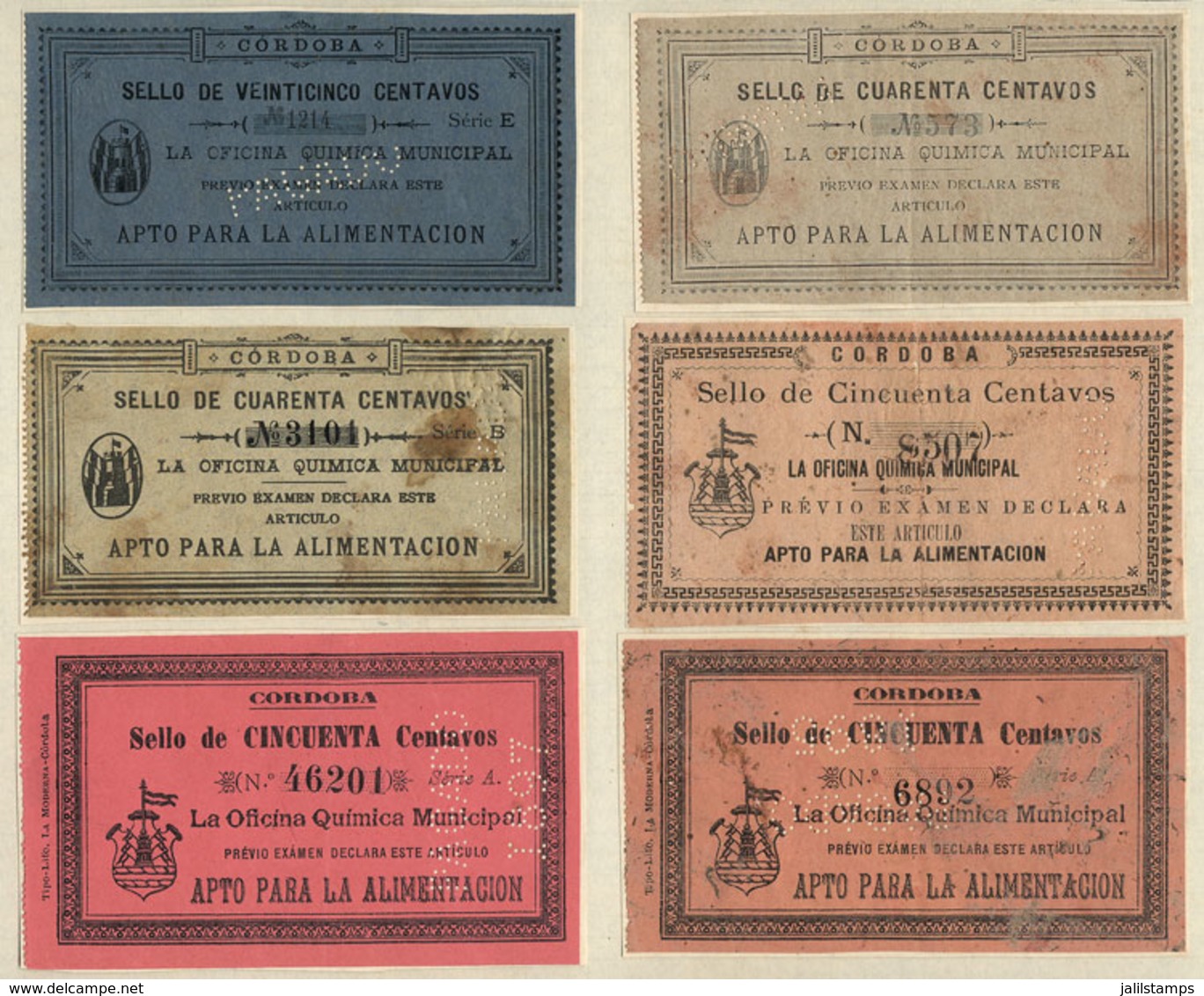 ARGENTINA: PROVINCE OF CÓRDOBA: Oficina Química Municipal (Chemicals Office Of Córdoba City), Old Collection Of 37 Stamp - Sonstige & Ohne Zuordnung