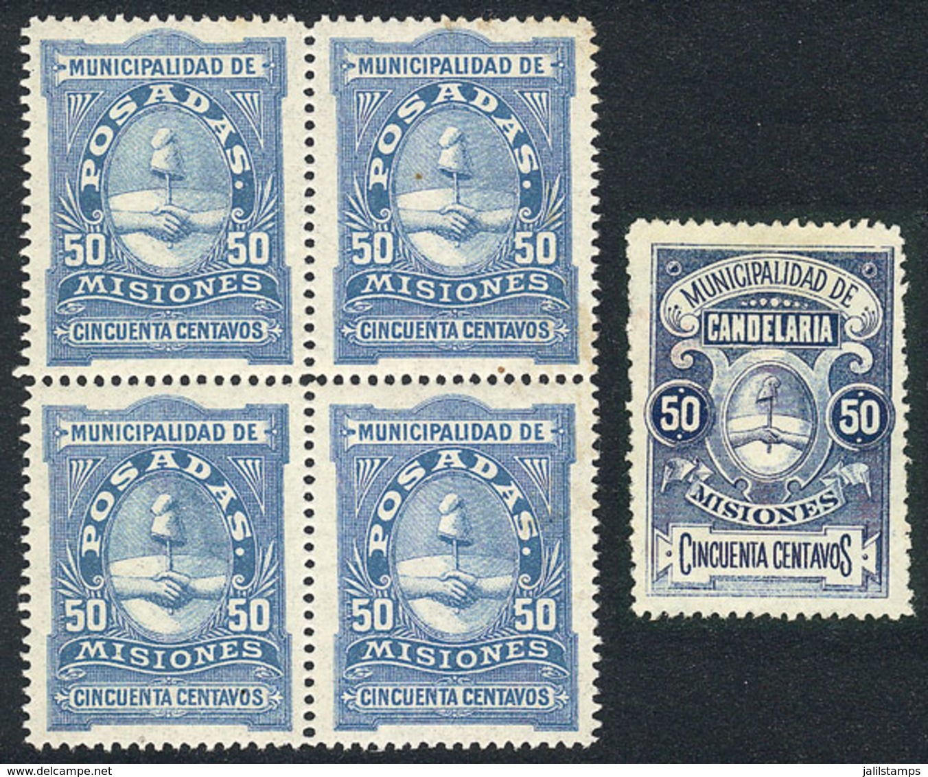 ARGENTINA: TERRITORY OF MISIONES: Candelaria City 50c. (circa 1900), Mint Without Gum + Posadas 50c. Mint Block Of 4 (3  - Sonstige & Ohne Zuordnung