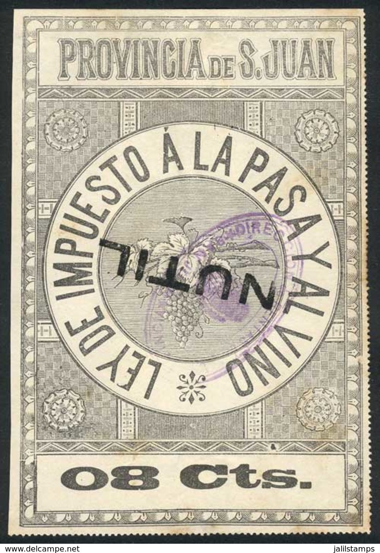 ARGENTINA: PROVINCE OF SAN JUAN: RAISINS AND WINE Tax, Circa 1890, 8c., Fantastic Stamp Of Large Size (approx. 100 X 150 - Sonstige & Ohne Zuordnung