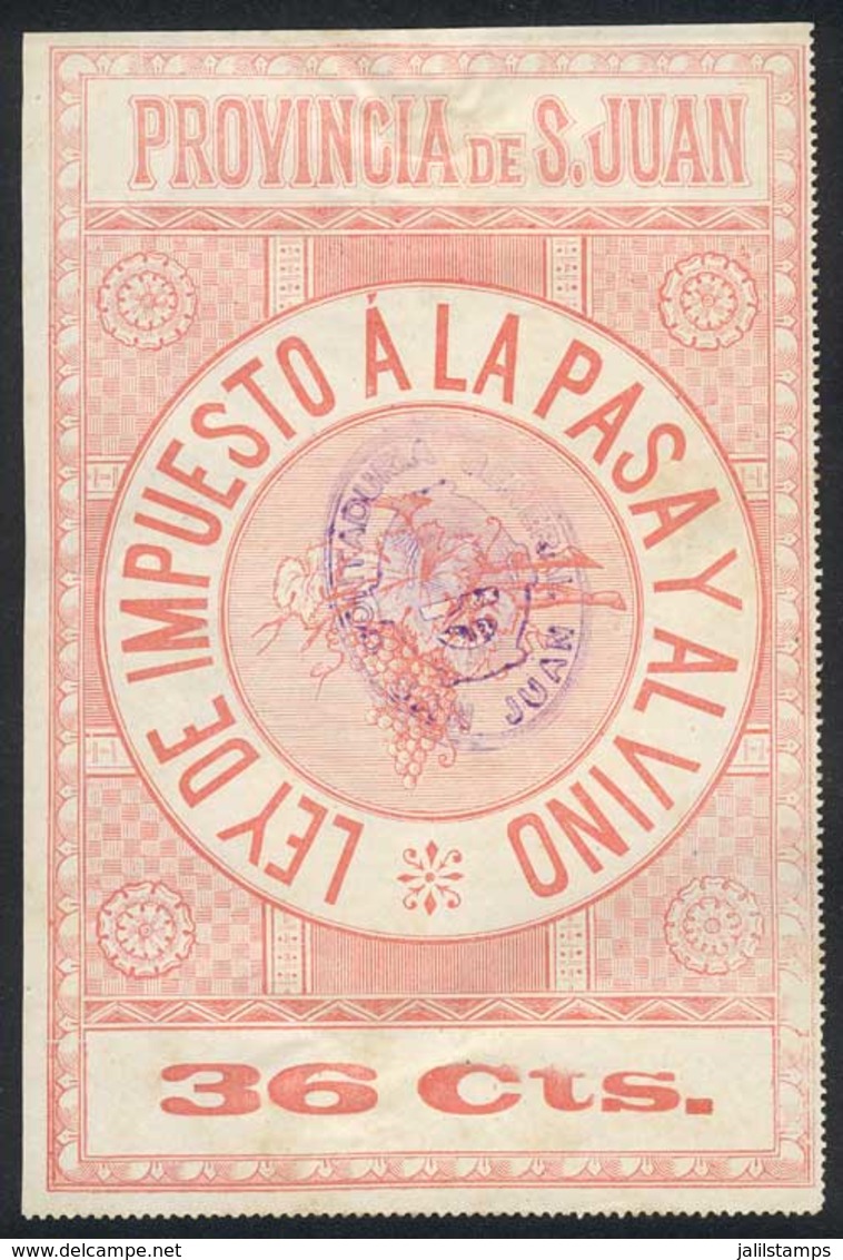 ARGENTINA: PROVINCE OF SAN JUAN: RAISINS AND WINE Tax, Circa 1890, 36c., Fantastic Stamp Of Large Size (approx. 100 X 15 - Sonstige & Ohne Zuordnung