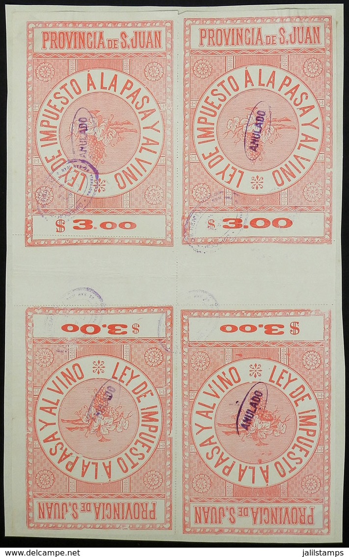 ARGENTINA: PROVINCE OF SAN JUAN: Grape-juice And Wine Tax: Large Size Stamps (approx. 11 X 15 Cm), $3 In Red And Carmine - Sonstige & Ohne Zuordnung