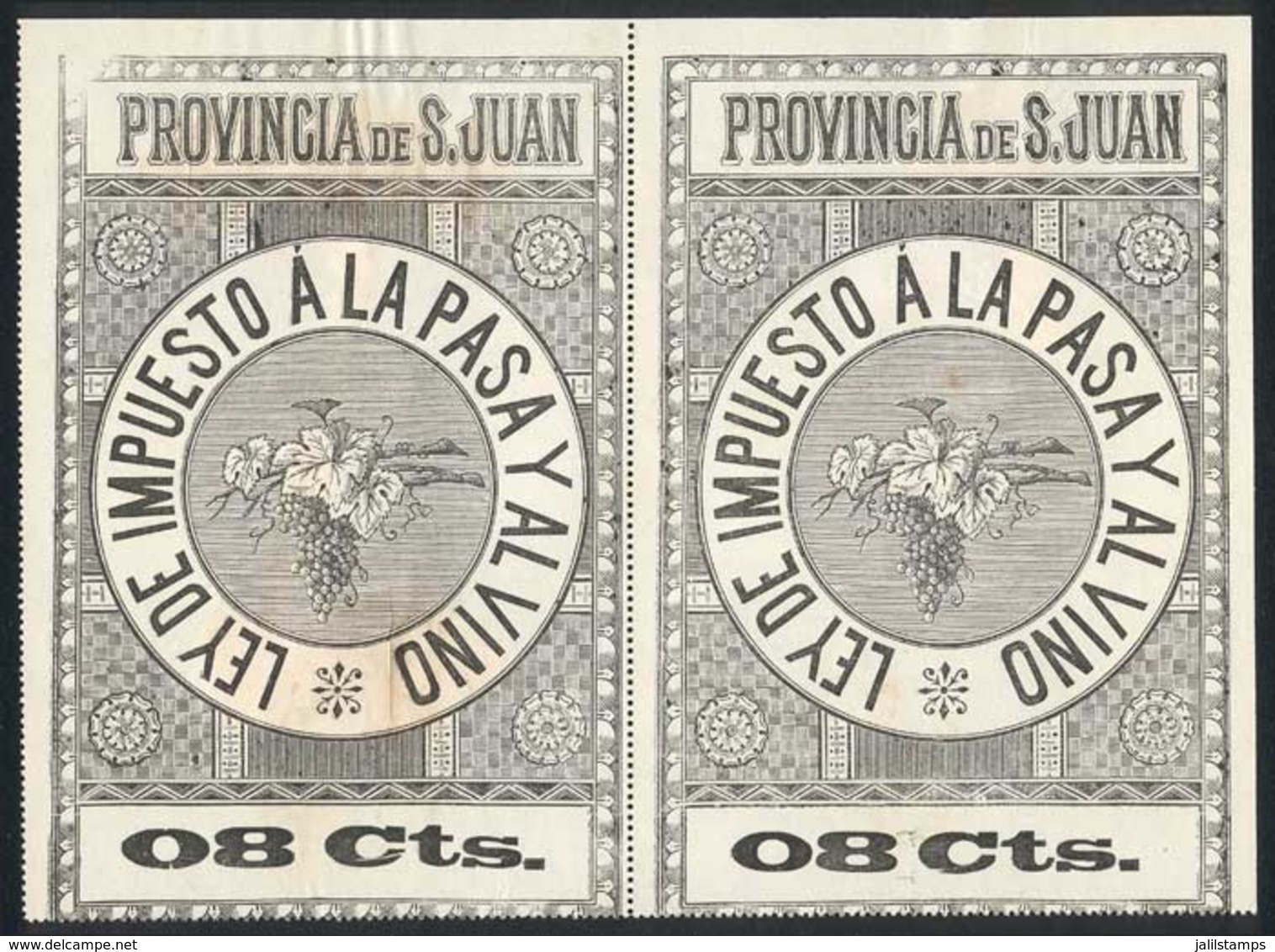 ARGENTINA: SAN JUAN: RAISINS And WINE Tax, 08c., Spectacular Very Large Stamp (105 X 155 Mm), VF Quality Pair! - Sonstige & Ohne Zuordnung