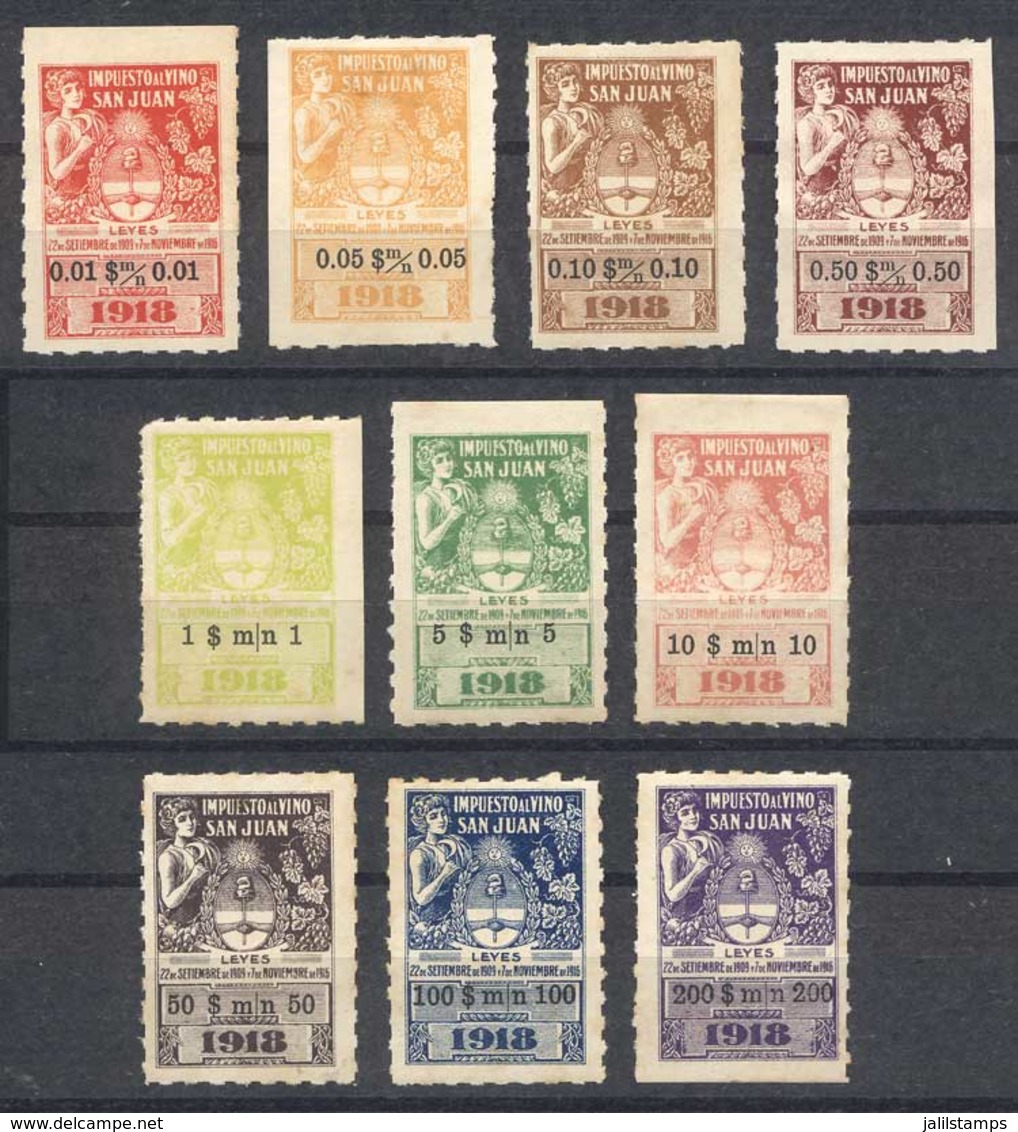 ARGENTINA: PROVINCE OF SAN JUAN: WINE Tax, Year 1918, Set Of 10 Values Between 1c. And 200 Pesos, Extremely Rare, VF Gen - Sonstige & Ohne Zuordnung