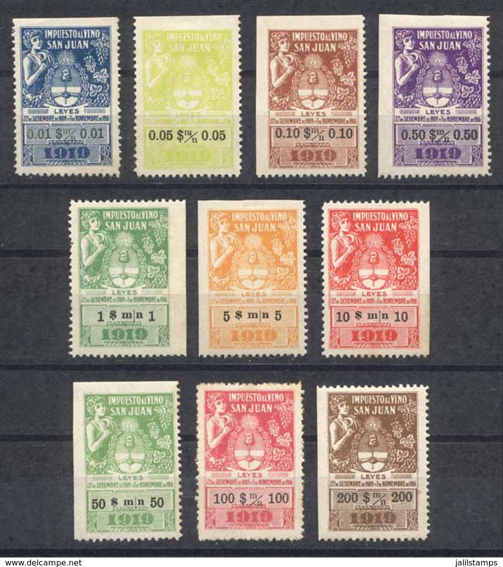 ARGENTINA: PROVINCE OF SAN JUAN: WINE Tax, Year 1919, Set Of 10 Values Between 1c. And 200 Pesos, Extremely Rare, VF Qua - Sonstige & Ohne Zuordnung