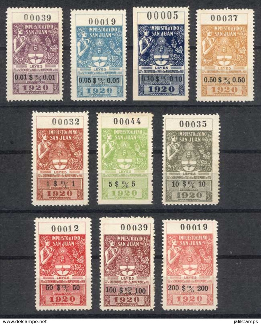 ARGENTINA: PROVINCE OF SAN JUAN: WINE Tax, Year 1920, Set Of 10 Values Between 1c. And 200 Pesos, Extremely Rare, VF Qua - Sonstige & Ohne Zuordnung