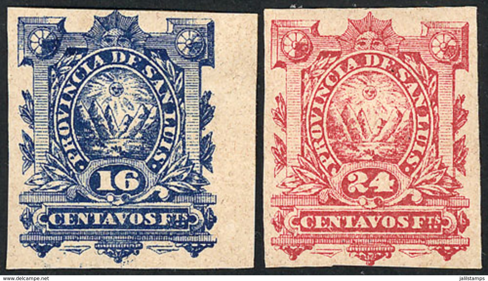 ARGENTINA: PROVINCE OF SAN LUIS: Year 1880, Complete Set Of 2 Values, Imperforate PROOFS Printed On Thick Card, Very Fin - Sonstige & Ohne Zuordnung