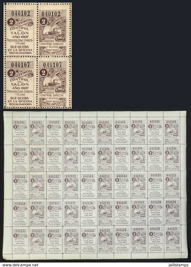 ARGENTINA: Province Of SANTA FE: Year 1907 Patentes, Contrucción Directa Y Guia 2 Cents, COMPLETE SHEET Of 25 Examples W - Sonstige & Ohne Zuordnung