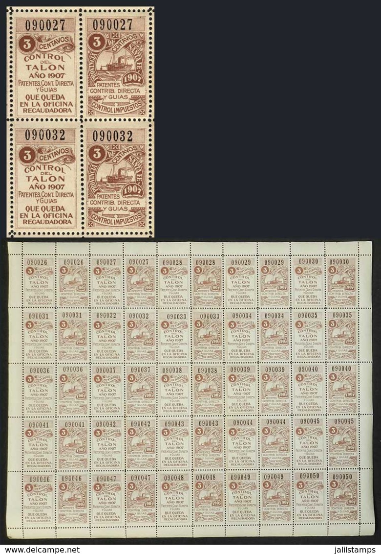 ARGENTINA: Province Of SANTA FE: Year 1907 Patentes, Contrucción Directa Y Guia 3 Cents, COMPLETE SHEET Of 25 Examples W - Sonstige & Ohne Zuordnung