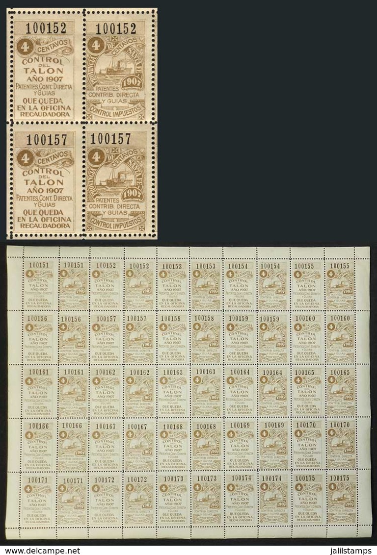 ARGENTINA: Province Of SANTA FE: Year 1907 Patentes, Contrucción Directa Y Guia 4 Cents, COMPLETE SHEET Of 25 Examples W - Sonstige & Ohne Zuordnung