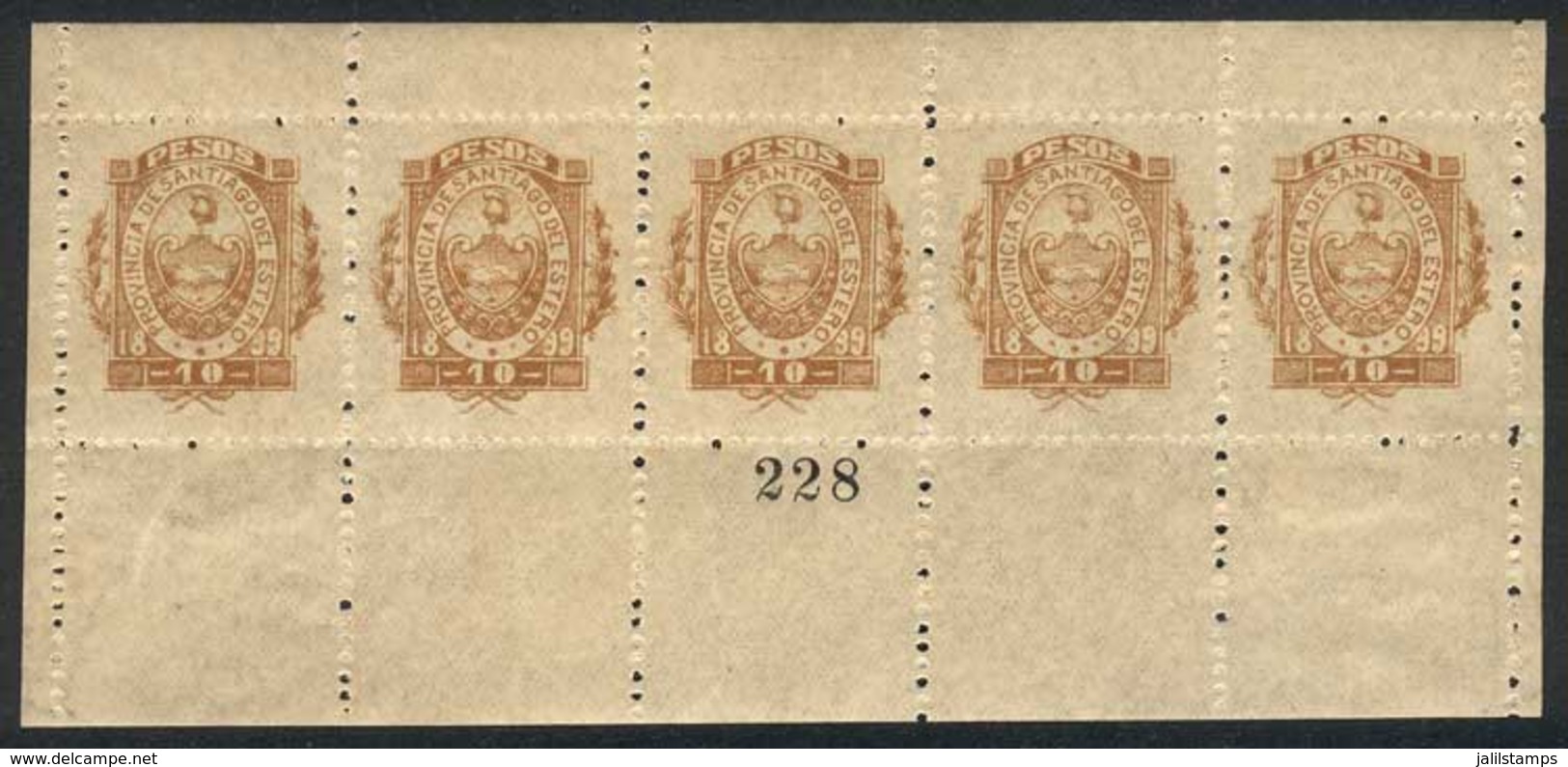 ARGENTINA: PROVINCE OF SANTIAGO DEL ESTERO: Year 1899, 10 Pesos, Mini-sheet Of 5 Values, Mint Original Gum, Excellent Qu - Sonstige & Ohne Zuordnung