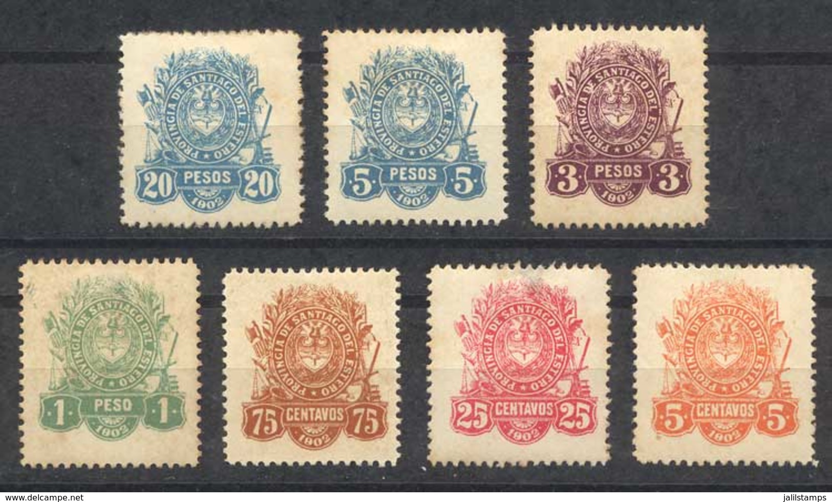 ARGENTINA: PROVINCE OF SANTIAGO DEL ESTERO: Year 1902, Set Of 7 Values (5c. To $20), Mint Original Gum, Fine Quality! - Sonstige & Ohne Zuordnung