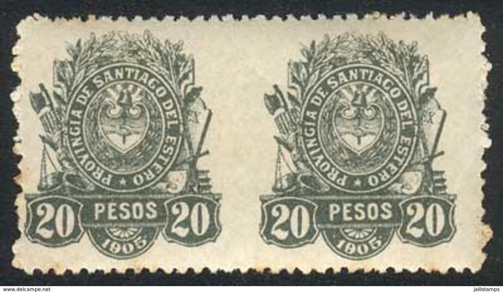 ARGENTINA: PROVINCE OF SANTIAGO DEL ESTERO: Year 1905, 20 Pesos, Pair IMPERFORATE BETWEEN, Rare! - Sonstige & Ohne Zuordnung