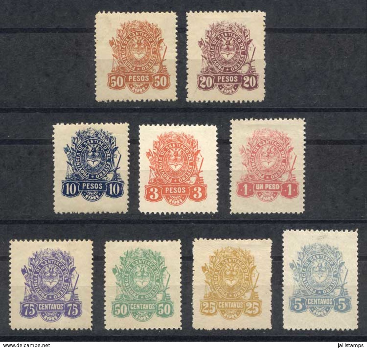 ARGENTINA: PROVINCE OF SANTIAGO DEL ESTERO: Year 1911, Set Of 9 Values (5c. To $50), Mint No Gum, Very Fine Quality! - Sonstige & Ohne Zuordnung