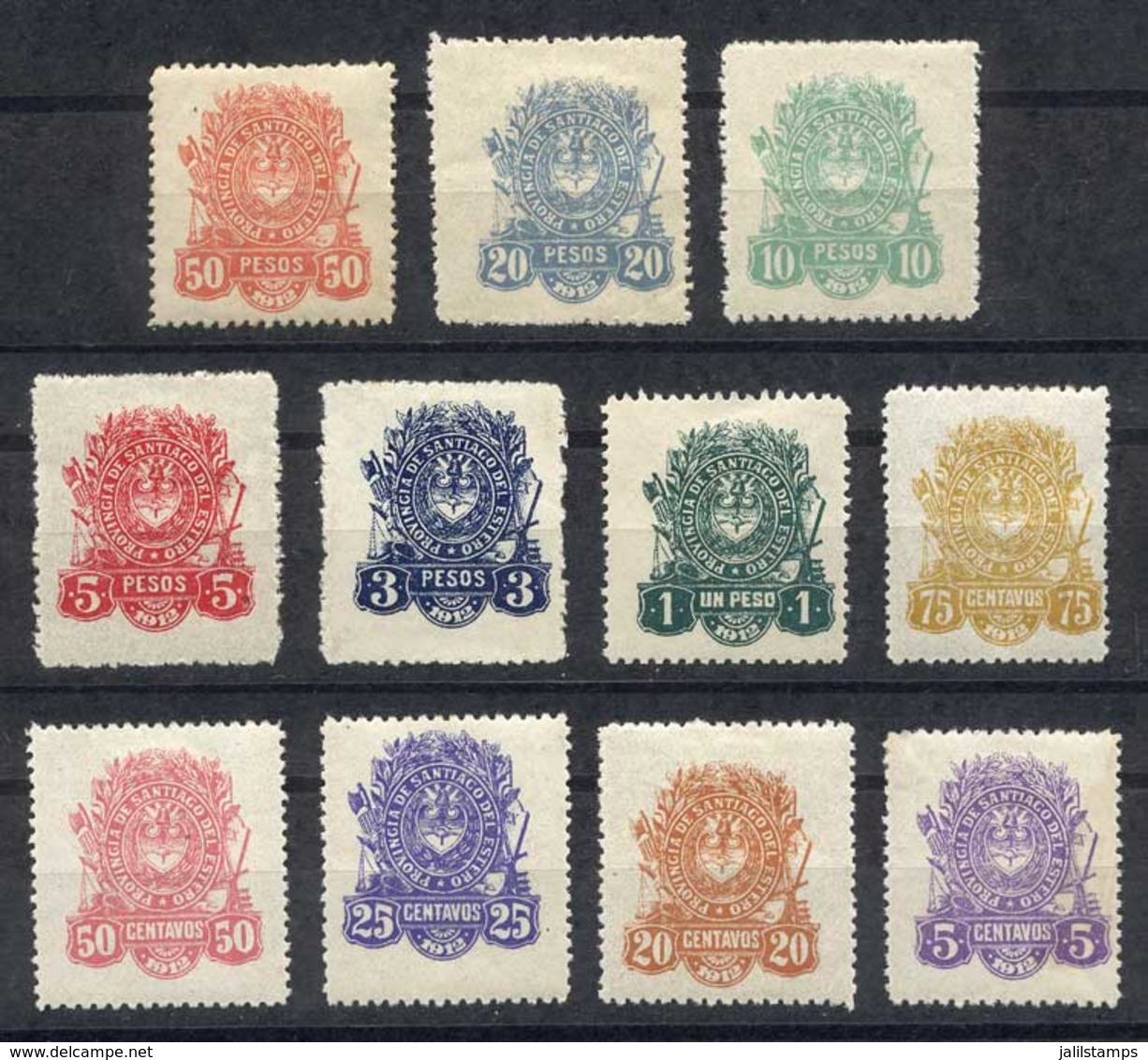 ARGENTINA: PROVINCE OF SANTIAGO DEL ESTERO: Year 1912, Set Of 11 Values (5c. To $50), Original Gum (a Couple No Gum), Ve - Sonstige & Ohne Zuordnung