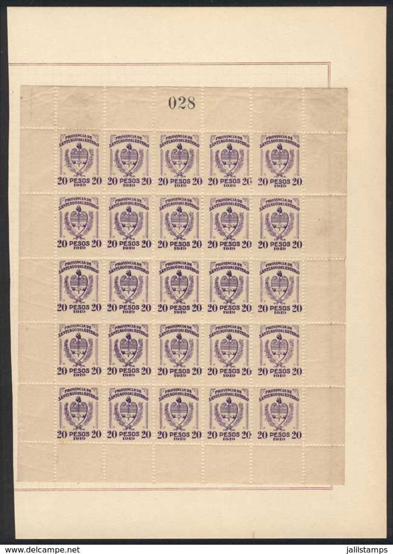 ARGENTINA: SANTIAGO DEL ESTERO: Year 1919, Complete Sheets Of 25 Stamps Of: 3, 5, 10 And 20 Pesos, Mounted On Pages, VF  - Sonstige & Ohne Zuordnung