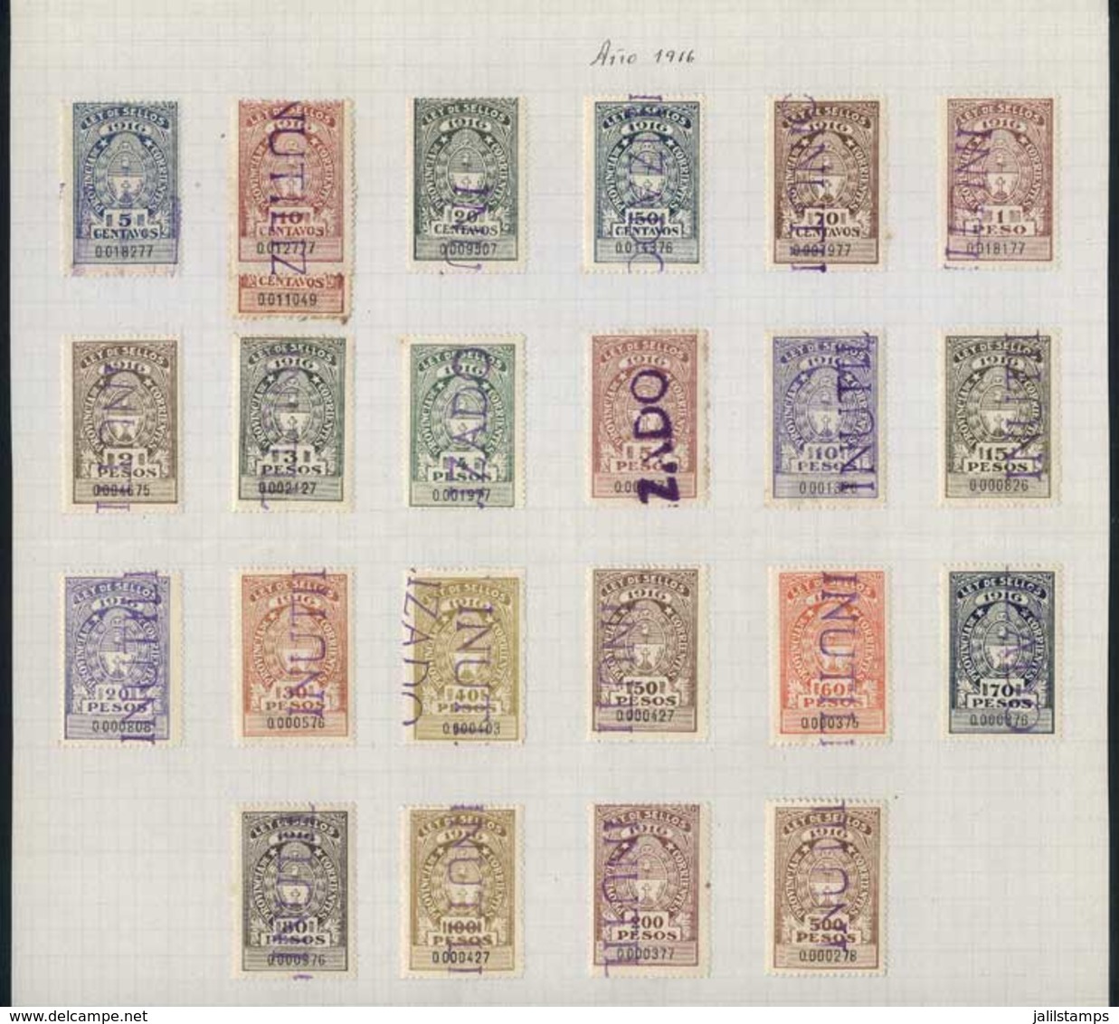 ARGENTINA: PROVINCE OF CORRIENTES: Year 1916, Set Of 22 Revenue Stamps Between 5c. And 500P., Mint And Cancelled "Inutil - Sonstige & Ohne Zuordnung