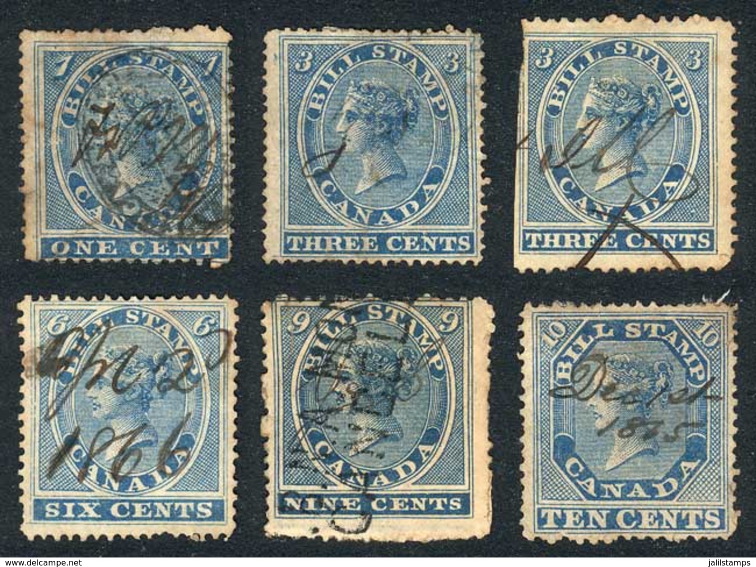 CANADA: BILL STAMPS:  Year 1864, 6 Stamps Of Values Between 1c. And 10c., Used, Fine General Quality (some With Defect), - Steuermarken
