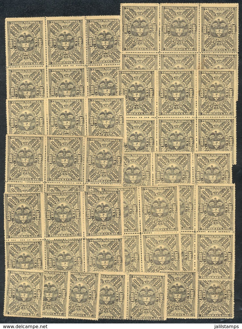 COLOMBIA: Year 1889/90 20c. Black On Yellow, Perforated, 87 Unmounted Stamps, Most In Blocks Of 6, Very Fine General Qua - Kolumbien