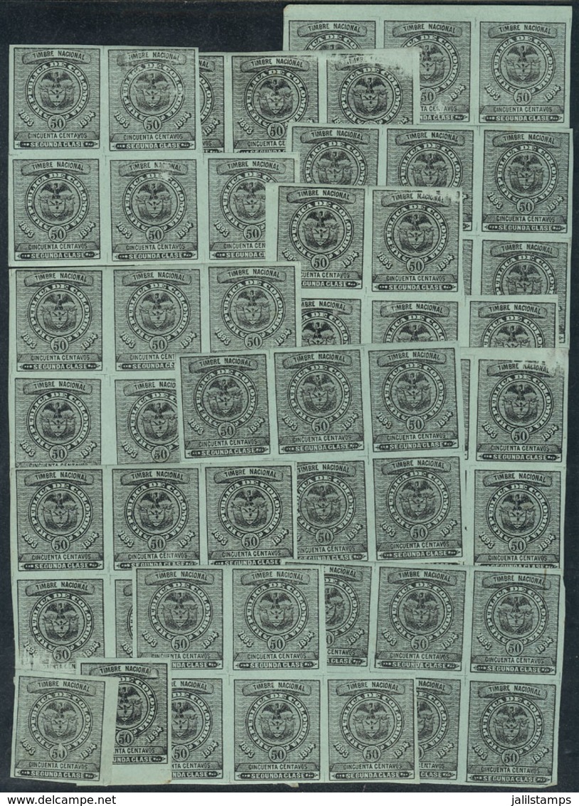 COLOMBIA: Years 1893/4 50c. Black On Blue Paper, 60 Unmounted Stamps, Most In Blocks Of 5, Very Fine General Quality! - Kolumbien