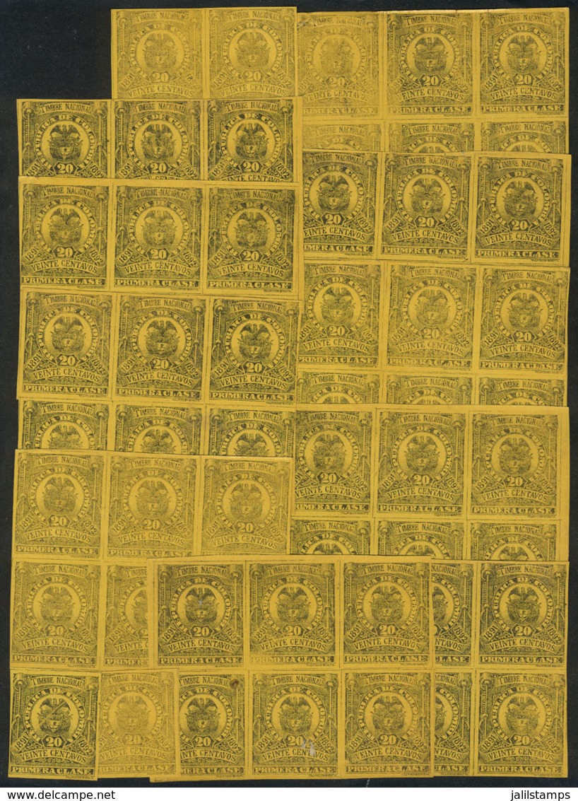 COLOMBIA: Years 1891/2 20c. Black On Yellow Paper, 66 Unmounted Stamps, Most In Blocks Of 6, In General Of Very Fine Qua - Kolumbien