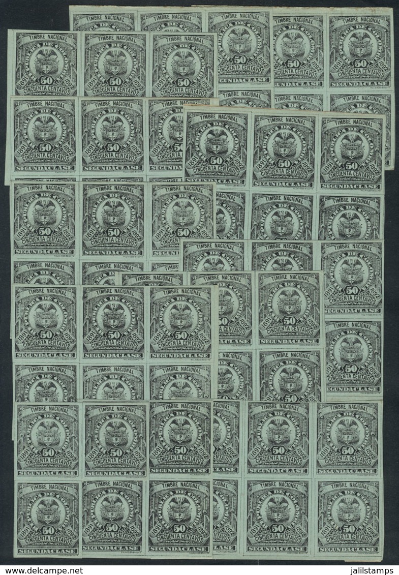 COLOMBIA: Years 1891/2 50c. Black On Blue Paper, 67 Unmounted Stamps, Most In Blocks Of 6, In General Of Very Fine Quali - Colombie