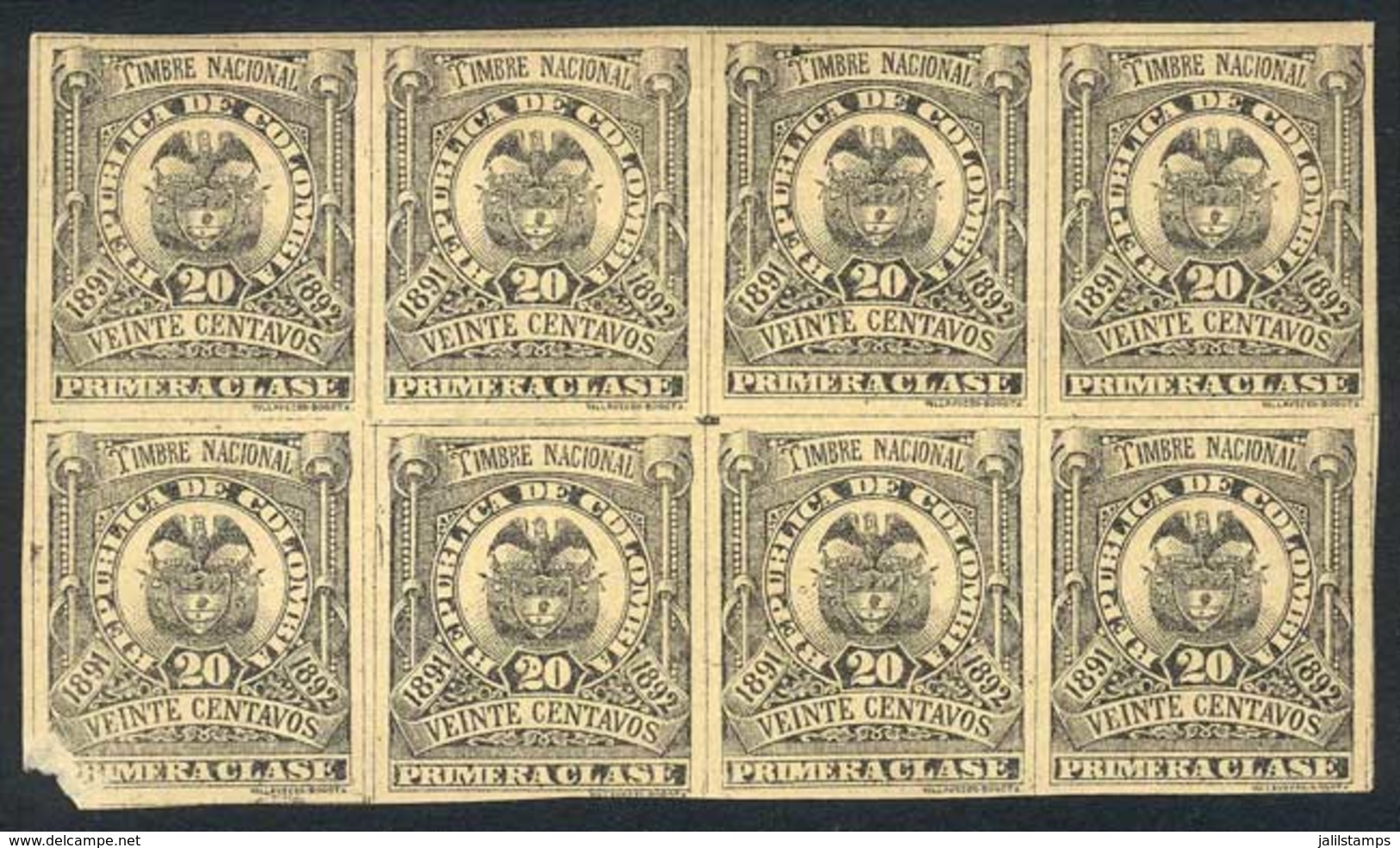 COLOMBIA: Timbre Nacional, 1891-1892 20c. First Class, Block Of 8 Mint With Gum, Printed On Paper Of Unsurfaced Front, B - Colombia