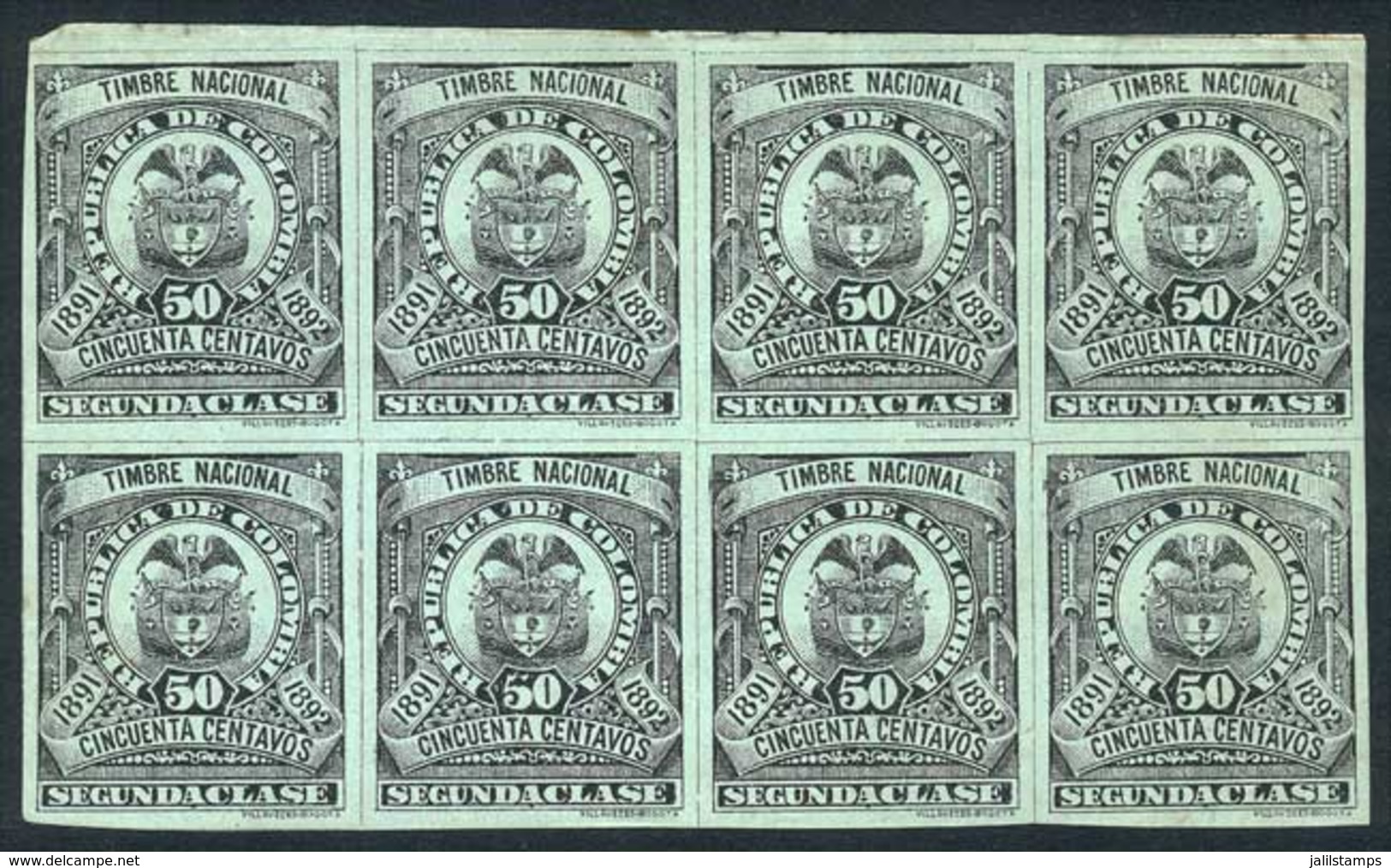 COLOMBIA: Timbre Nacional, 1891-1892 50c. Second Class, Block Of 8 Mint Without Gum, Printed On Paper Of Unsurfaced Fron - Colombia
