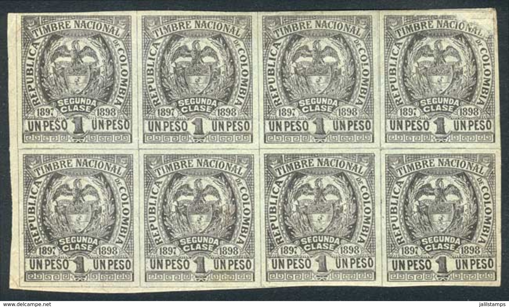 COLOMBIA: Timbre Nacional, 1895-1896 1P. Third Class, Block Oof 8 Mint With Gum, Printed On Paper Of Unsurfaced Front, B - Colombia