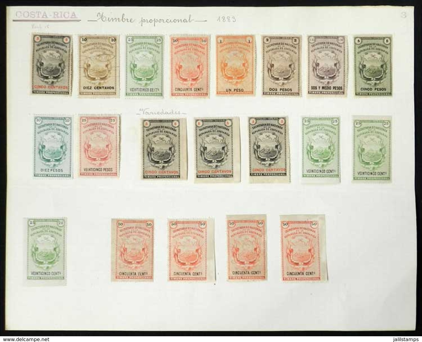 COSTA RICA: Two Old Album Pages With 38 Revenue Stamps Issued In 1883, 5c. To 25P., Including Some Varieties, VF General - Costa Rica