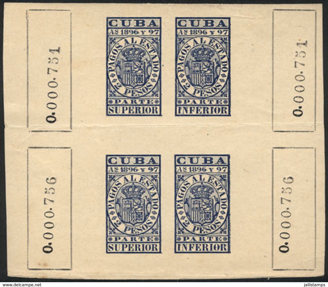 CUBA: PAGOS AL ESTADO: Year 1896/7, Block Of 4 Of 2P. Blue, Mint Original Gum, VF Quality! - Sonstige & Ohne Zuordnung