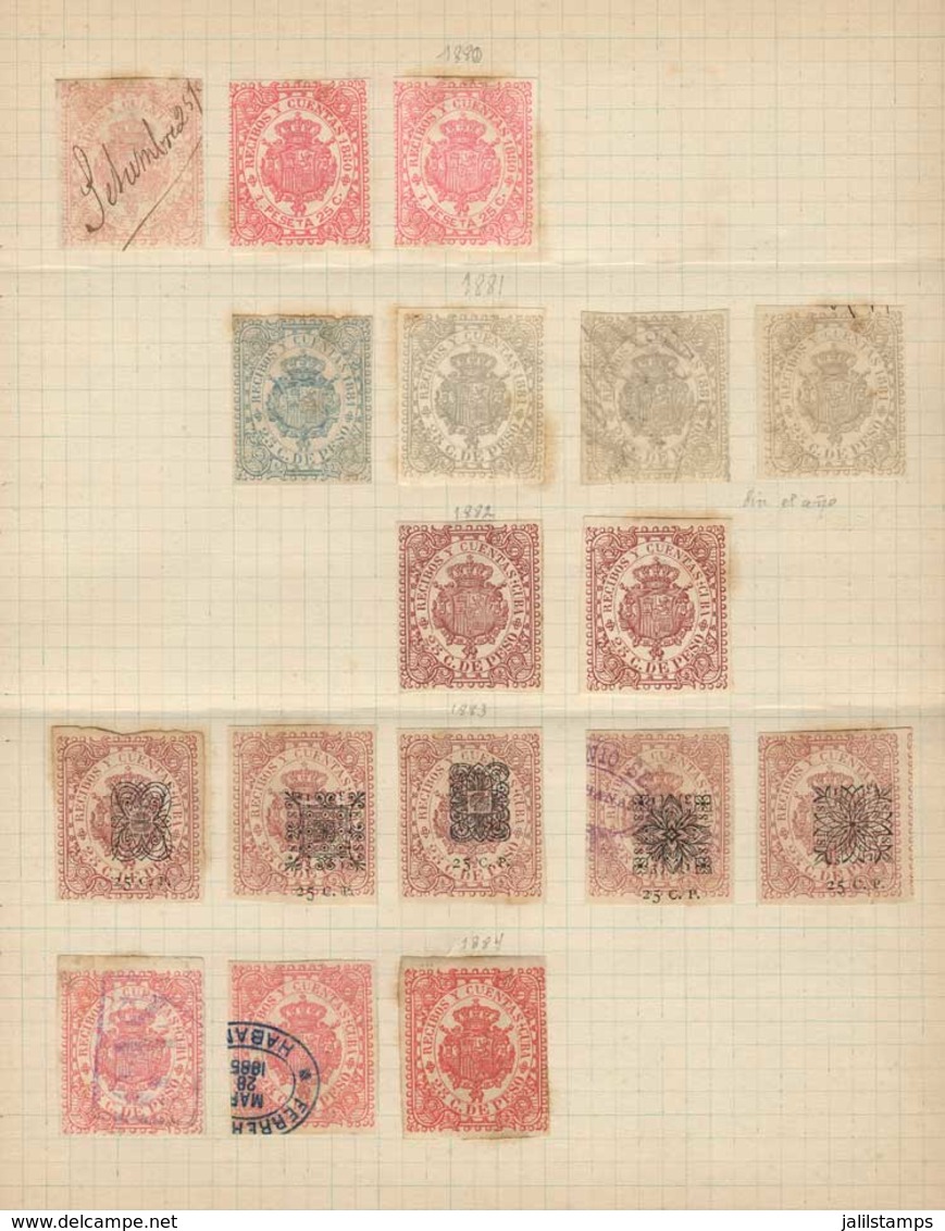 CUBA: RECIBOS Y CUENTAS: Years 1871/1886, 4 Album Pages Of An Old Collection With 62 Mint And Used Stamps, VF General Qu - Sonstige & Ohne Zuordnung