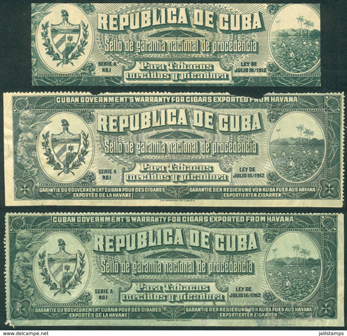 CUBA: TABACOS TORCIDOS Y PICADURA (Tobacco): National Guarantee Of Origin Stamp, 3 Nice Examples, With Defects, Low Star - Sonstige & Ohne Zuordnung