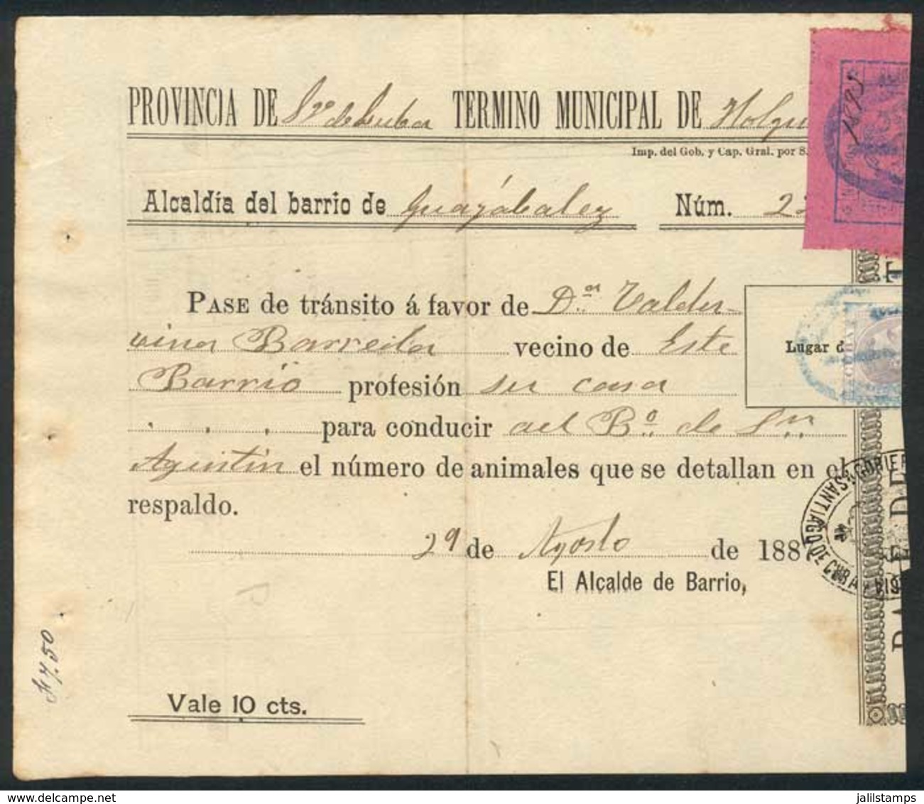 CUBA: Municipality Of Holguín: Document With Revenue Stamps, Year 1887, Note Por The Transport Of Cattle, VF Quality! - Other & Unclassified