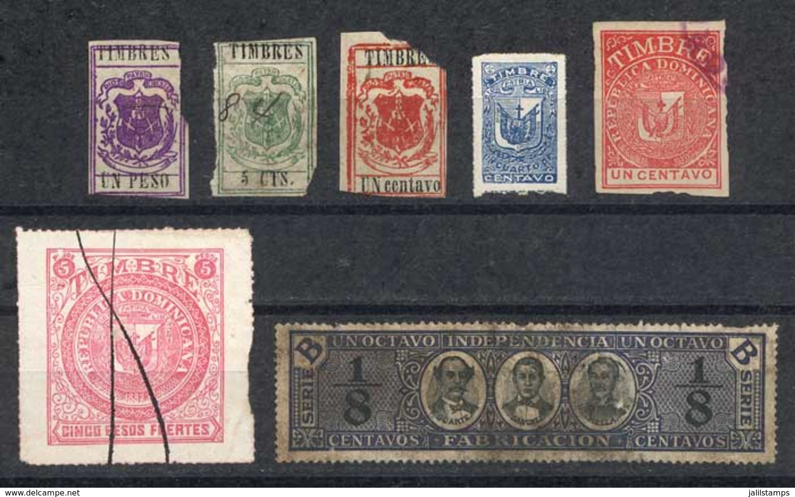 DOMINICAN REPUBLIC: 7 Very Old Revenue Stamps, Including 5P. Carmine Of 1882 And 1P. Violet Of 1883 (rare), Minor Defect - Dominican Republic